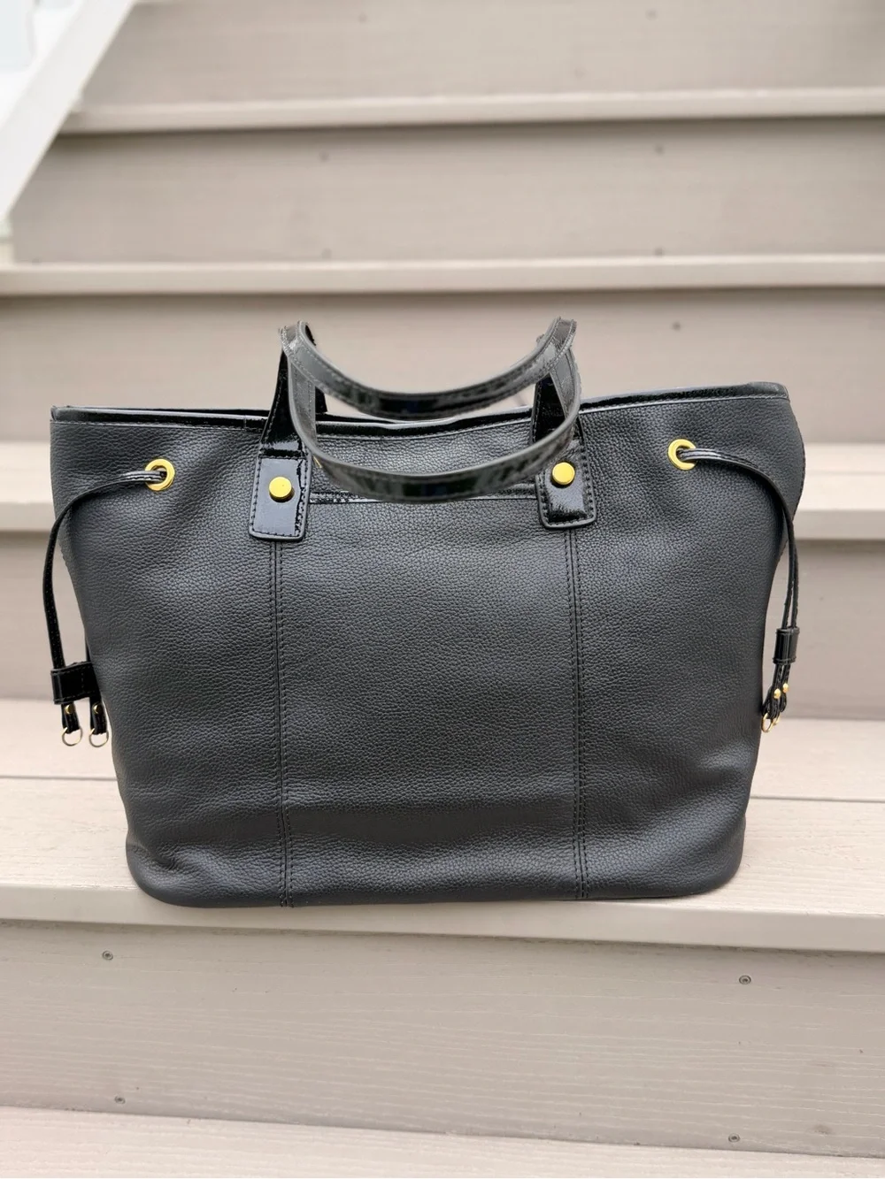NWT American Leather Co Black Pebbled Leather Tote Bag Patent Trim Gold Hardware